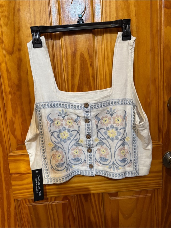 Calypso St. Barth Tops - Calypso St. Barth Cream Embroidered Floral Cropped Tank